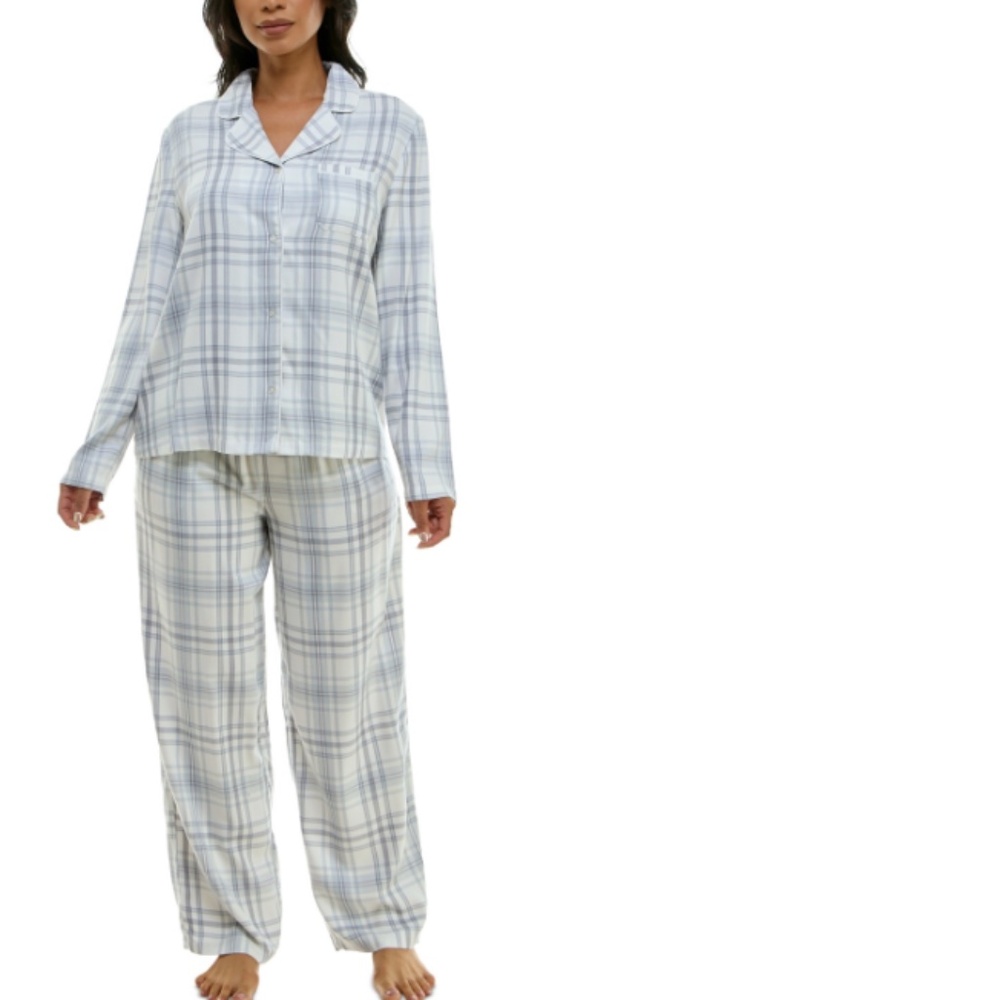 Roudelain Women's Notched-Collar Flannel Pajama Set with Lurex - Dart Plaid NWT